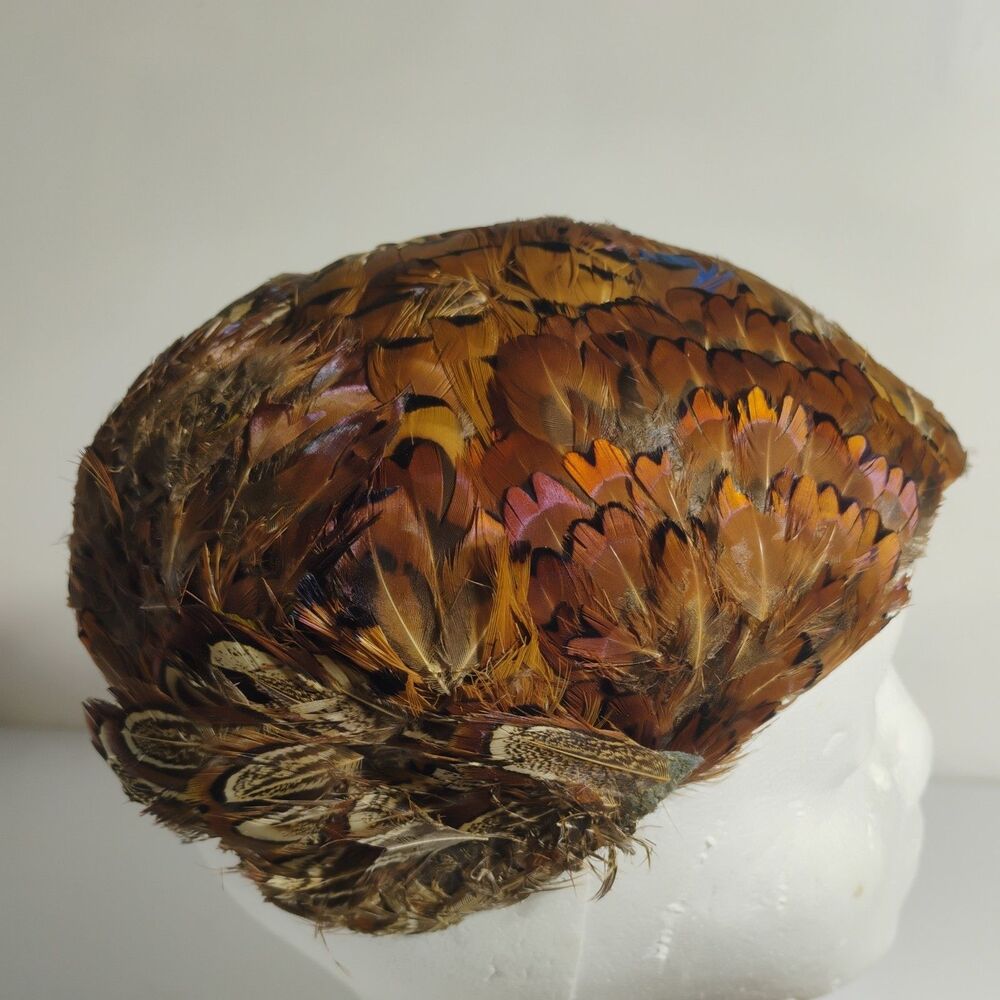 Vtg Ladies Felt Pillbox Feather Hat  Exquisite Brown Red Green   Purple Blue